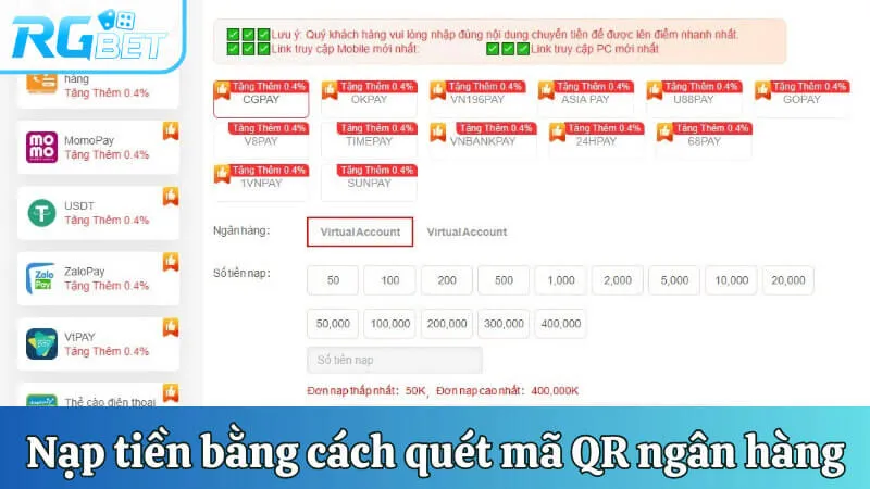 Nạp tiền RGbet siêu tốc nhờ hình thức quét mã QR